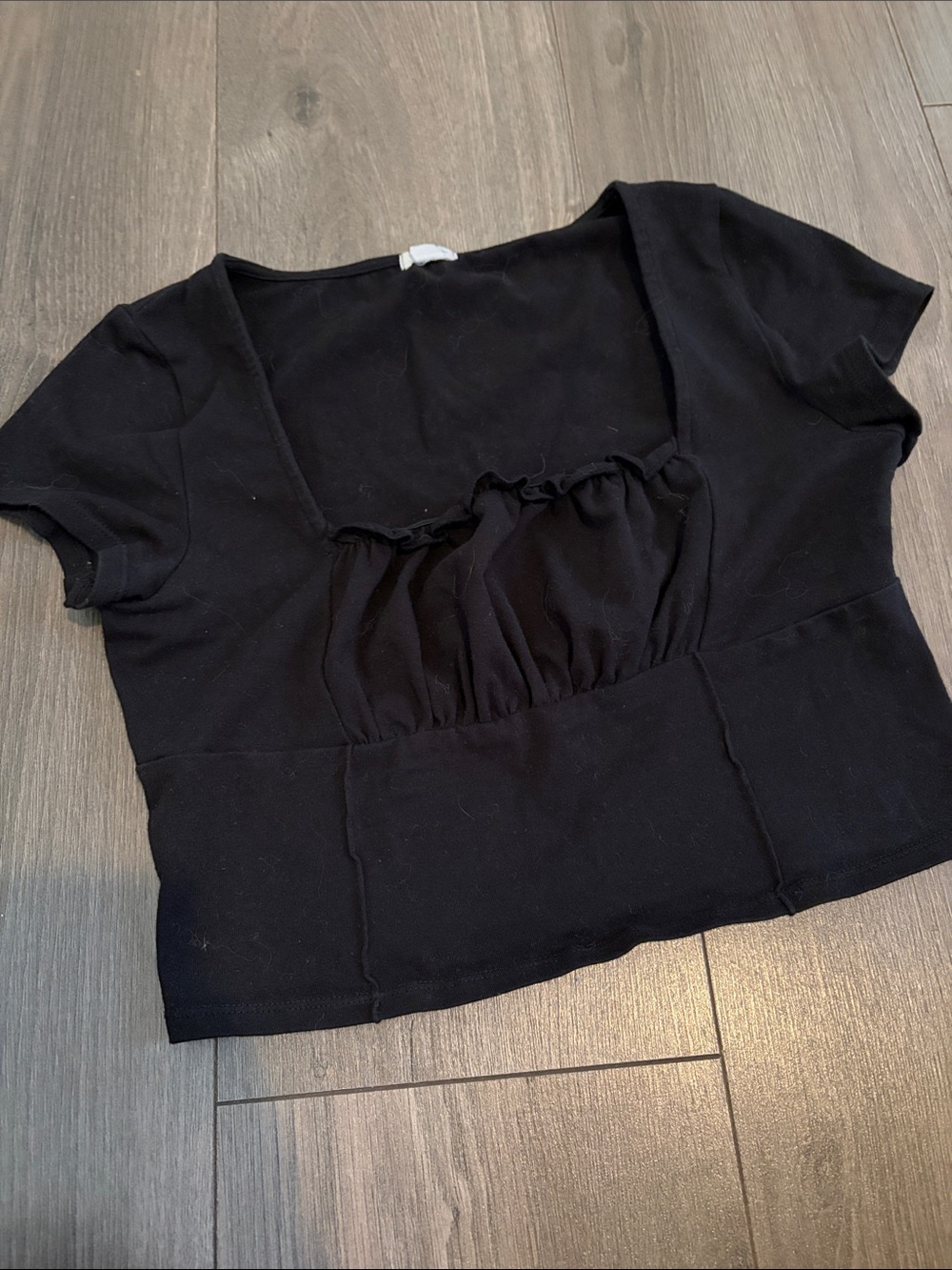 Garage Black Short Sleeve Cropped Gathered Bust Top